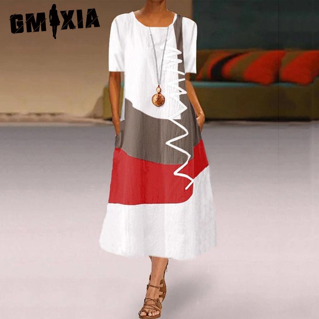 

GMXIA Женские модные летние весенние повседневные платья с короткими рукавами и круглым вырезом L белый