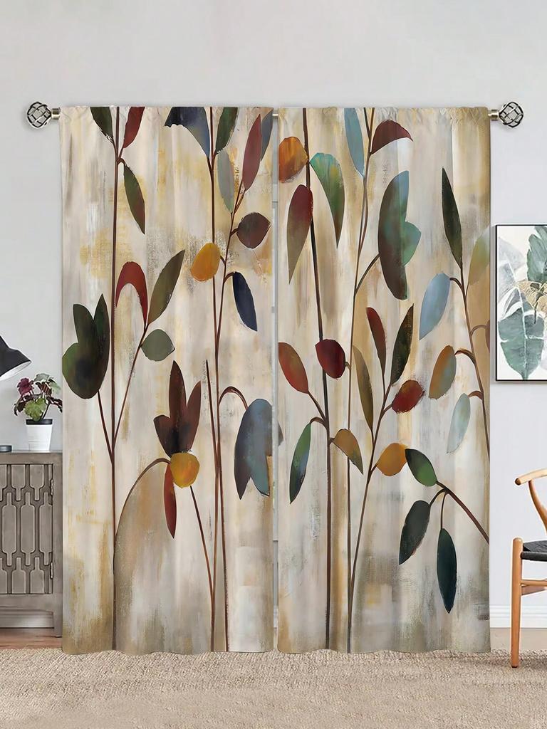 2pcs Watercolor Plant Leaves Curtains  Without Holes Curtain   Refer To Bedroom Office Kitchen Living Room Study Home Decor