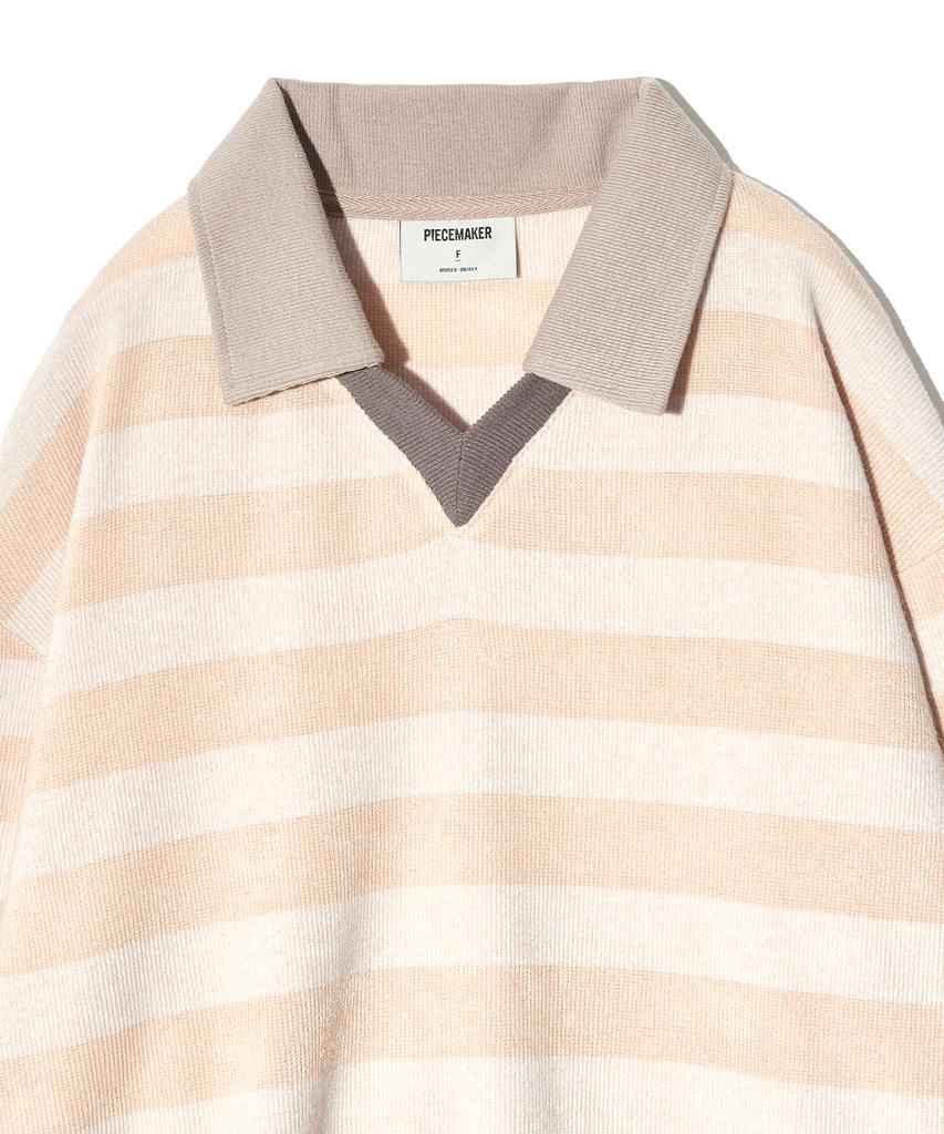 PEACE MAKER Stripe V Neck Collar Knit (Beige)