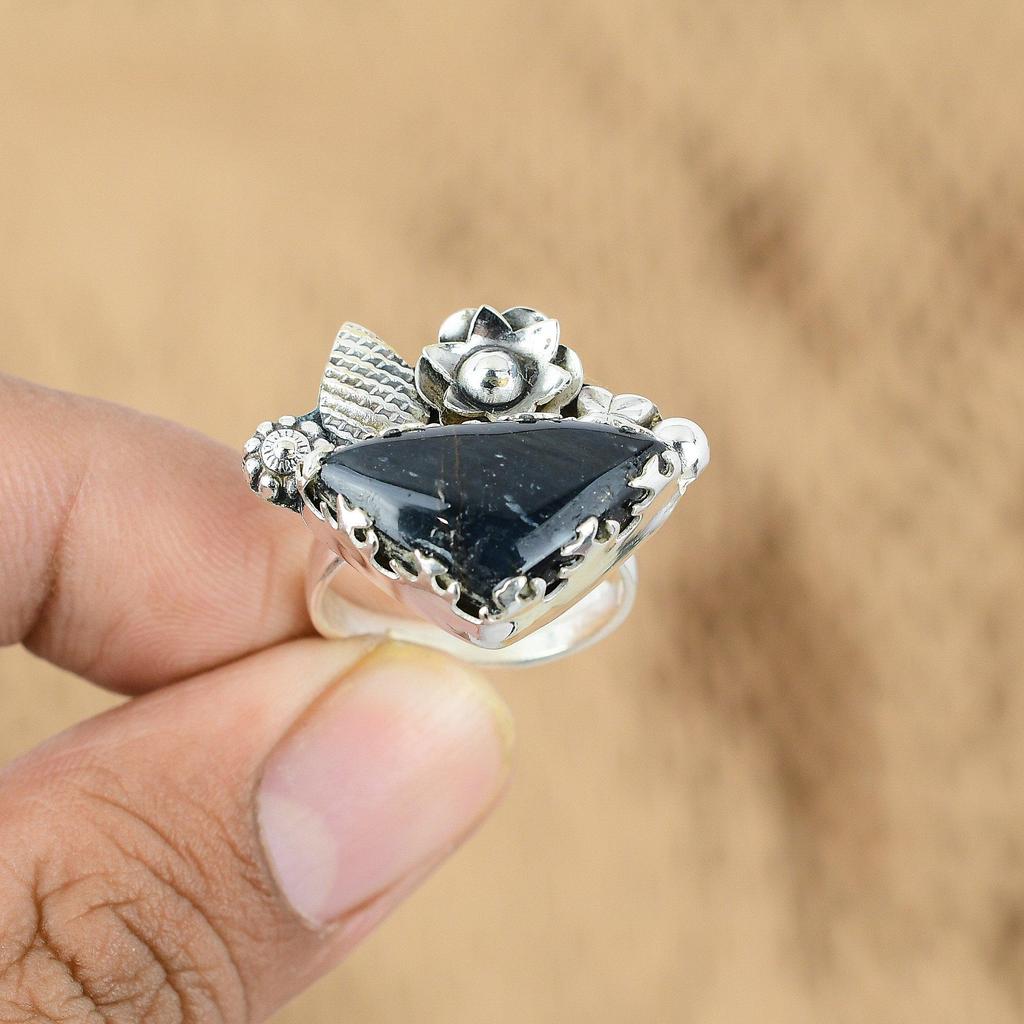 Natural Tiger Eye Gemstone Promise Flower Blue Adjustable Ring 925 Silver