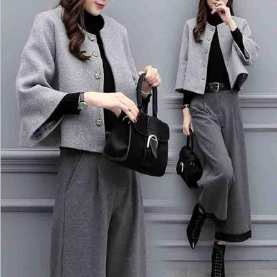 2025 New Women's Autumn and Winter Large Size Two-piece Pants Woolen Short Coat Wide-leg Pants Casual Fashion Suit Women's Tide