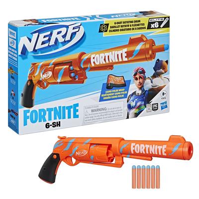 Hasbro Nerf Fortnite 6-SH Blaster z 6 oficjalnymi strzałkami Nerf Elite, 6-strzałkowym obrotowym bębenkiem, akcją młoteczkową, kamuflażowym owinięciem Pulse, prezent Fortnite