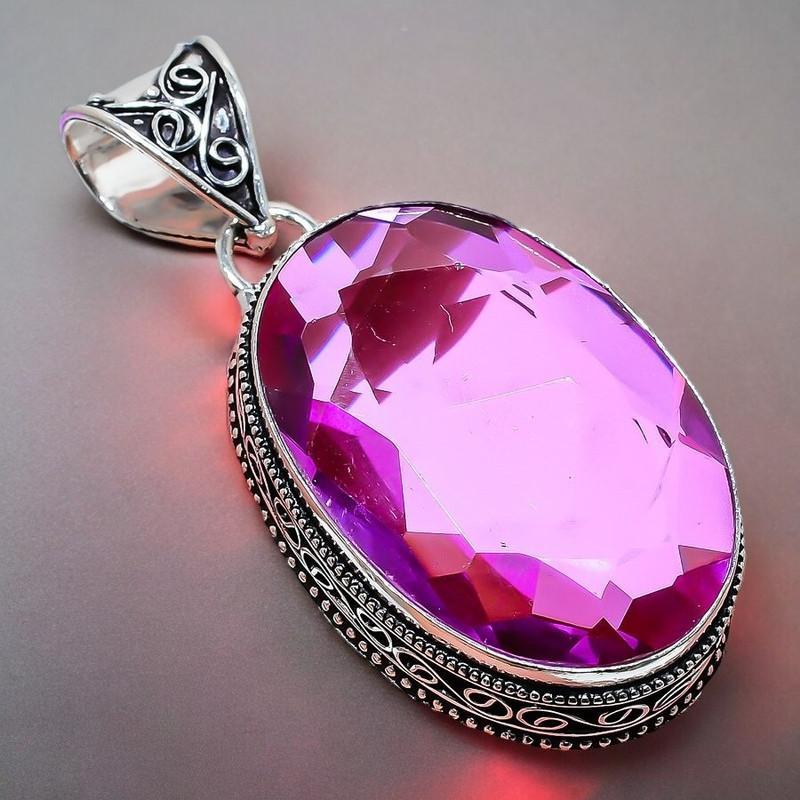 Pink Amethyst Gemstone Handmade 925 Sterling Silver Jewelry Pendant 2.17" AH-833