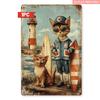 2D Flat, 1pc Surfing Cats & Lighthouse Metal Wall Sign - Vintage Nautical Decor with Surfing Tabby Cats & Lighthouse - 8x12 Inch Iron Coastal Art for 