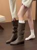 Blue Cabinet Edition~ French White Pleated Pile Boots Women's British Style Thick Heel Boots Temperament But Knee Knight Boots