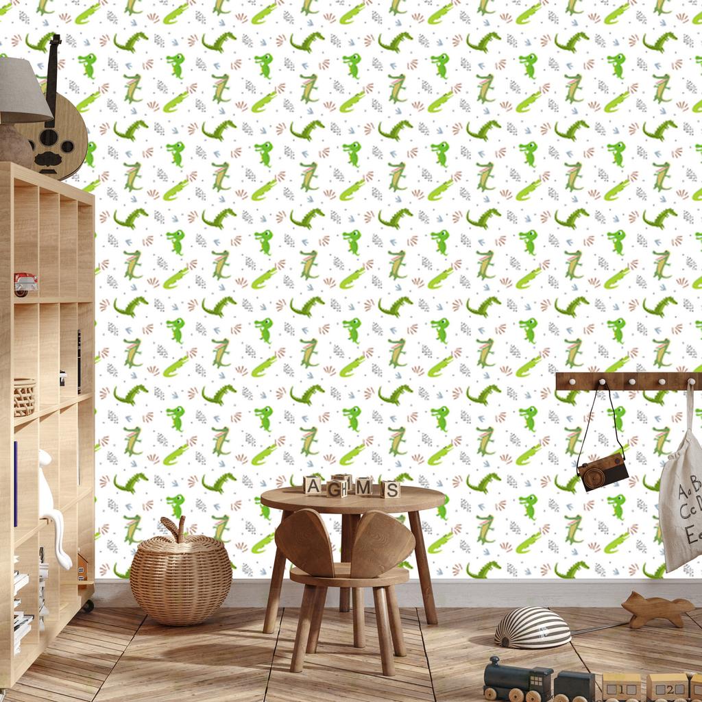 Crocodile wallpaper white, lime and light gray 50x1000