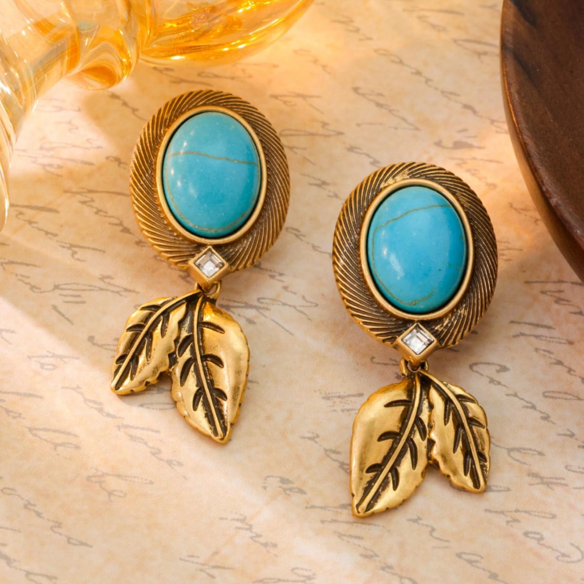 Retro Round Synthetic Turquoise Earrings Women With Exaggerated Temperament Fashionable High-end Versatile Antique
