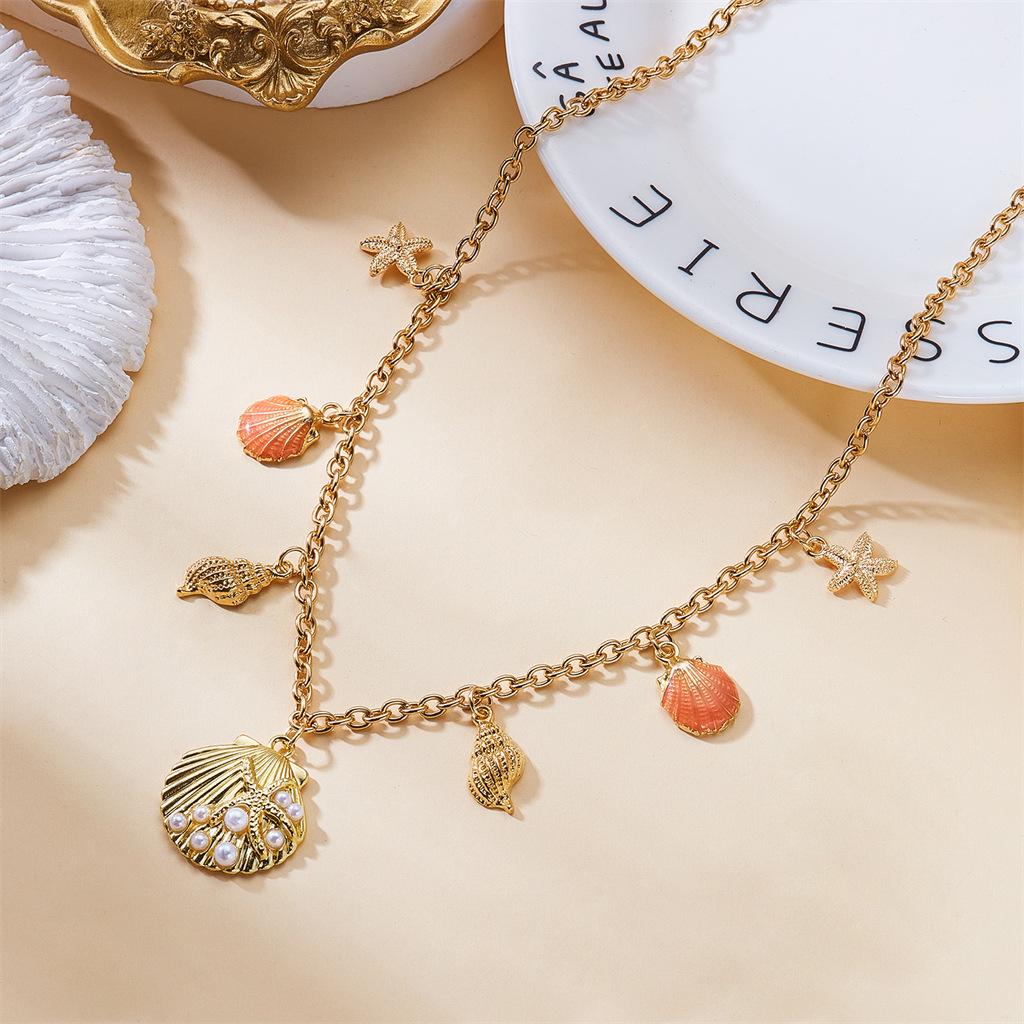 Shein Pink Oil Drop Shell & Pearl Starfish Necklace with Rhinestones - Non-Shedding, In Stock