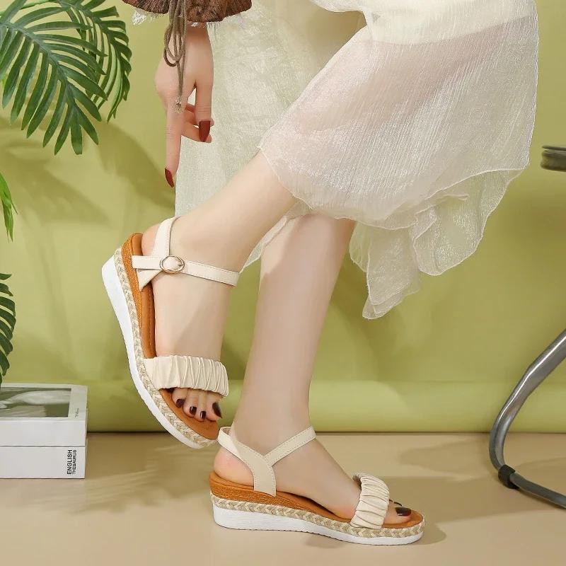 Fashion Ankle Buckle Platform Sandals Women Summer 2025 Fashion Pearl Wedges Sandalias Mujer Plus Size 42 Casual Med Heel Beach Sandals