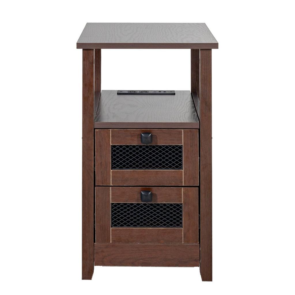 Farmhouse End Table Narrow Night Stand with USB Ports and Outlets Brown