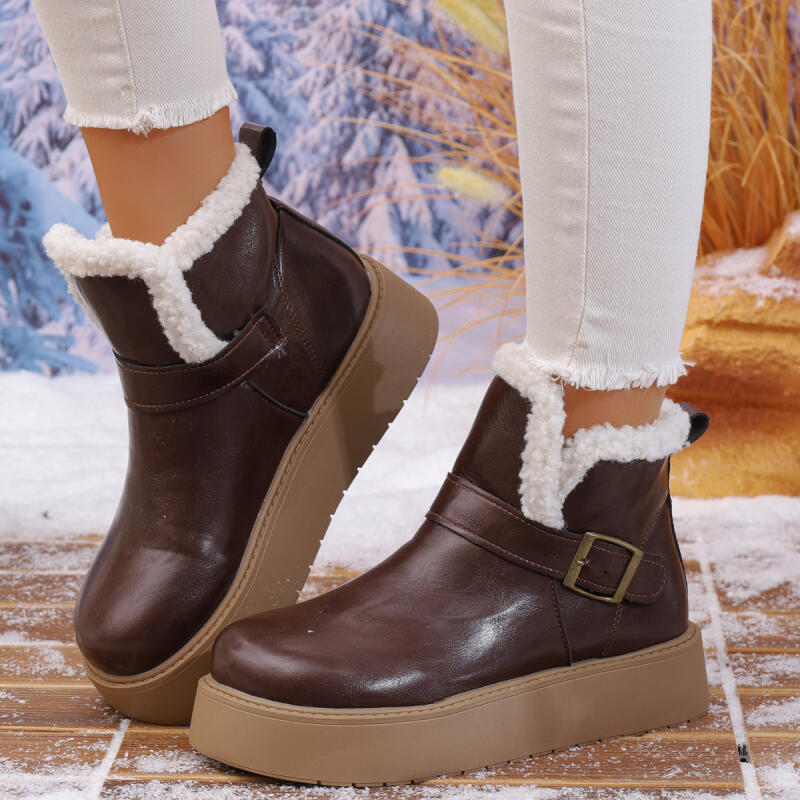 Fashion Thick Bottom Waterproof Pu Snow Boots Women 2025 Winter Metal Buckle Chunky Platform Furry Ankle Boots Warm Plush Casual Shoes