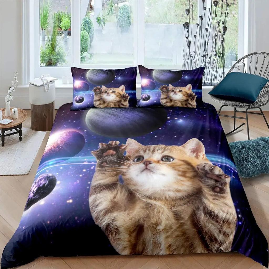 2026 Katzen Bettwäsche Set Haustier Katzen Muster Einzelbett Bettwäsche Set Niedliches Kätzchen Für Polyester Geheimnisvolle Schwarze Katze Kingsize Bettbezug