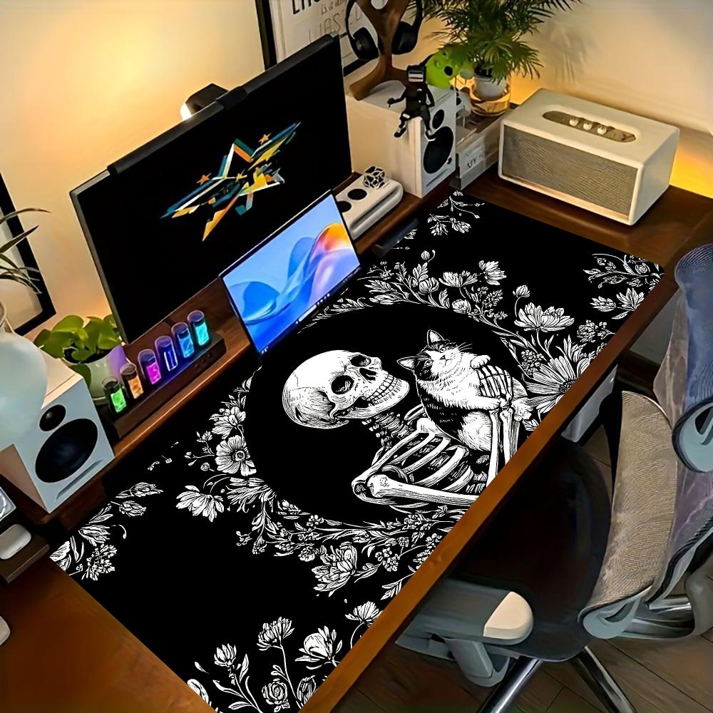 Skeleton Hold Cat Mouse Pad Black White Large Gaming Desk Mat Non-Slip Rubber Keyboard Pads XXL Office Game Accessories TableMat