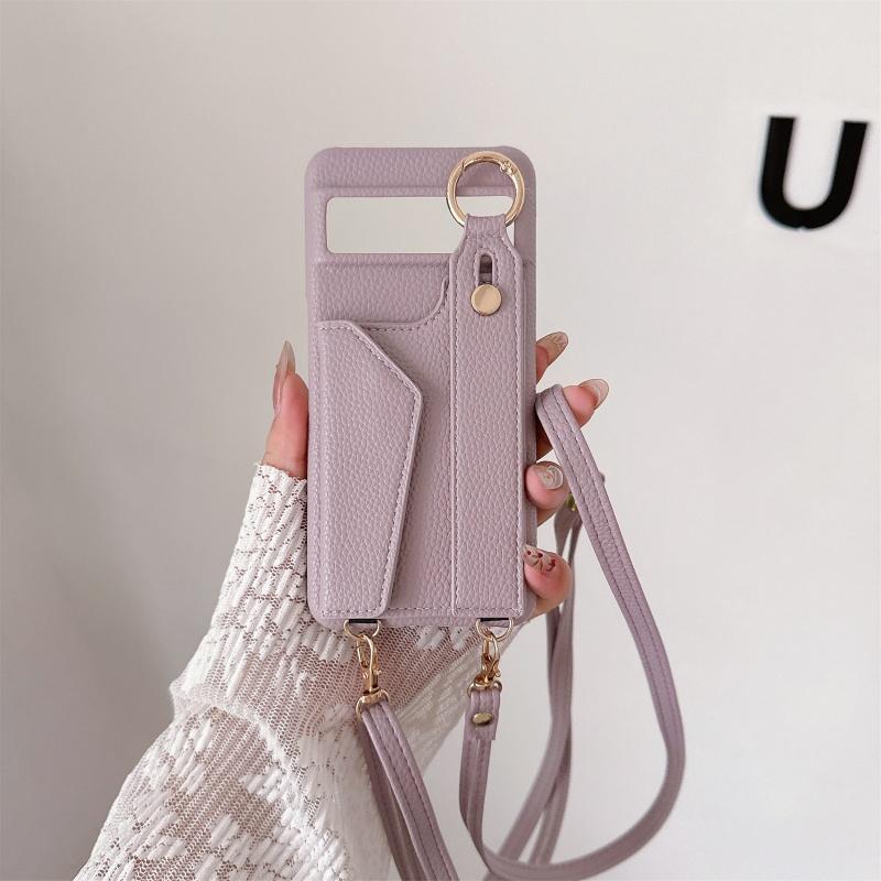 For Google Pixel 8 9 10 Pro XL Case PU Leather Wristlet Card Bag Grip Strap Shoulder Long Crossbody Lanyard Ring Clasp Cover