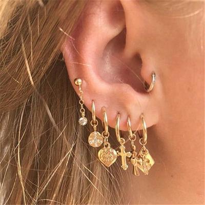 Vintage Gold Color Ball Cross Heart Geometric Earring Set for Women Gift Punk Fashion Crystal Pearl Stud Earrings Jewelry