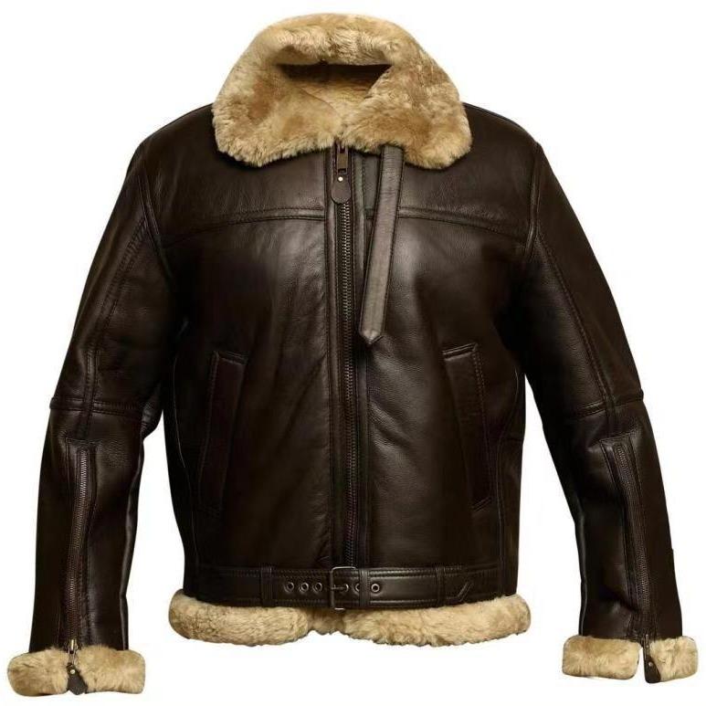 Men's Brown Genuine Leather Jacket with Faux Fur Collar, Zip Front, Adjustable Waist Belt, and Zipper Pockets