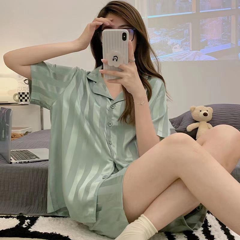 Ice Silk Women's Summer Pajama Set - 2024 Short Sleeve Imitation Silk Two-Piece