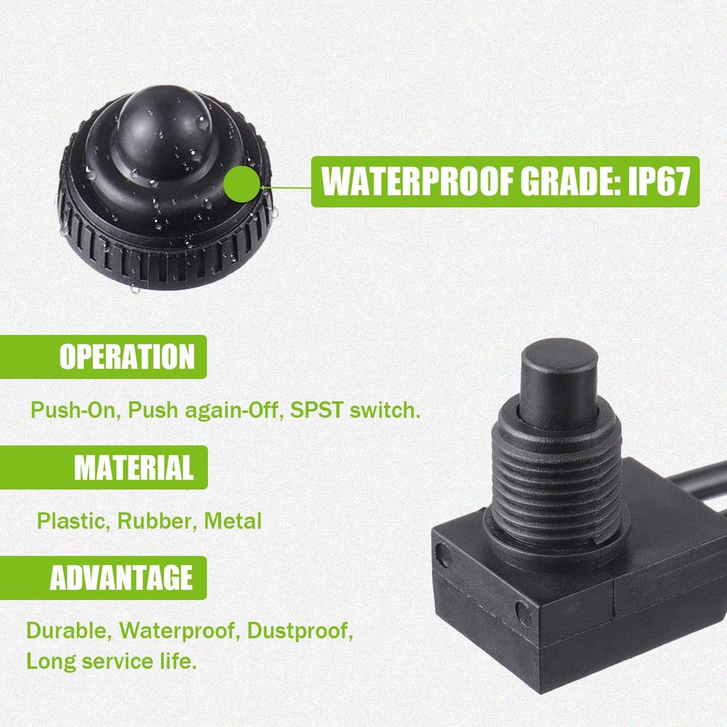 KP-107 Waterproof Push Button Switch 12V ON/Off SPST Switch with 4.5''Lines for Motorcycle/Car(Pack of 2pcs,Black)