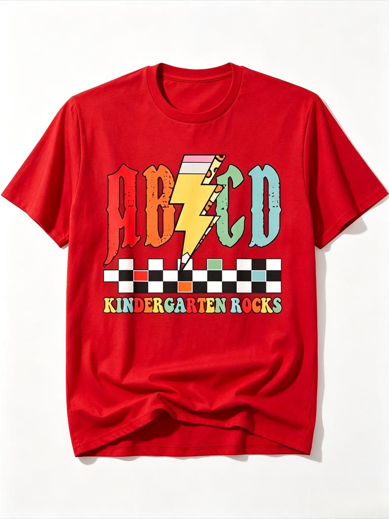 Kindergarten Rocks Pencil Lightning Teachers Rock Unisexs ABCD TShirt for Kids Soft Fabric Breathable Comfortable Short Sleeve