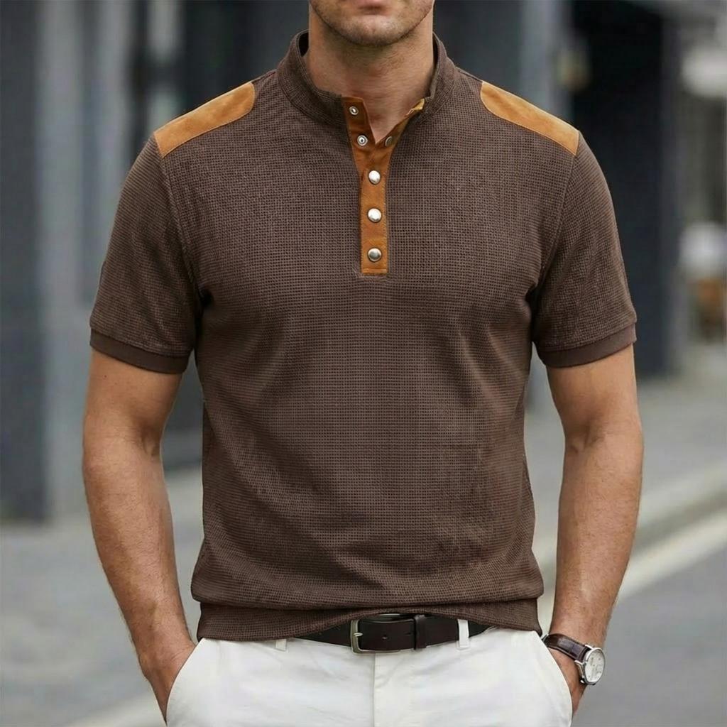 Mens Waffle Knit Henley Collar Short Sleeve Polo Shirt
