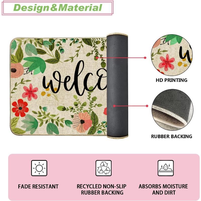 Große florale Fußmatte Teppich Böhmische Blume und Blatt Willkommen Außenfußmatte Rutschfeste Gummiunterseite Eingang Saisonale Innen-Vorderküchendekoration