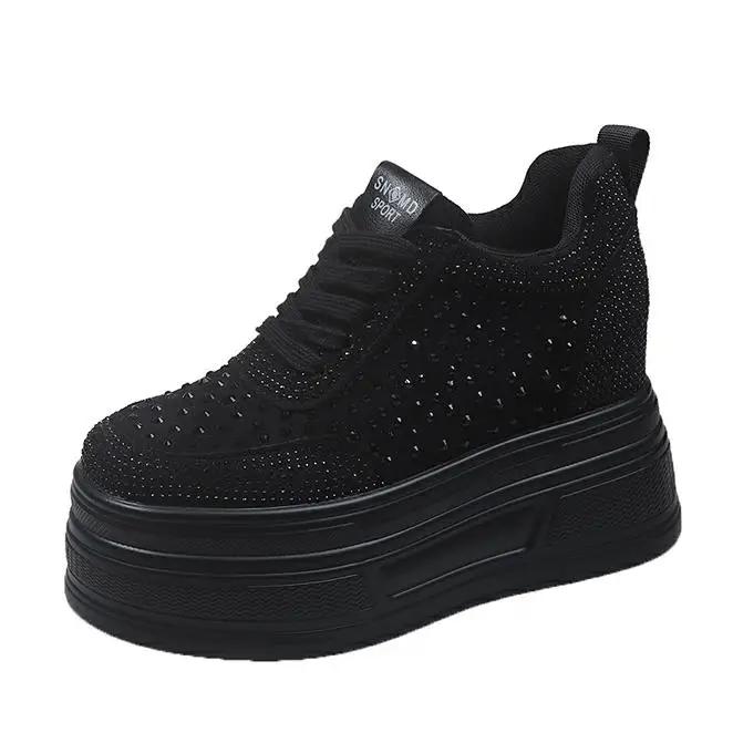 Fashion 10CM Wedge Heels Sneakers New Autumn Women Bling Crystal Skateboard Shoes Breathable Leather High Platform Vulcanize White Shoes