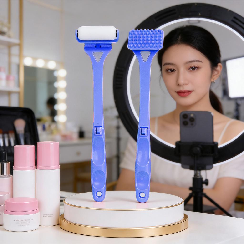 Foldable   Handle Back Lotion Applicator Roller Back Scratcher Set Multifunctional Sunscreen Self Tanner Application Roller Blue