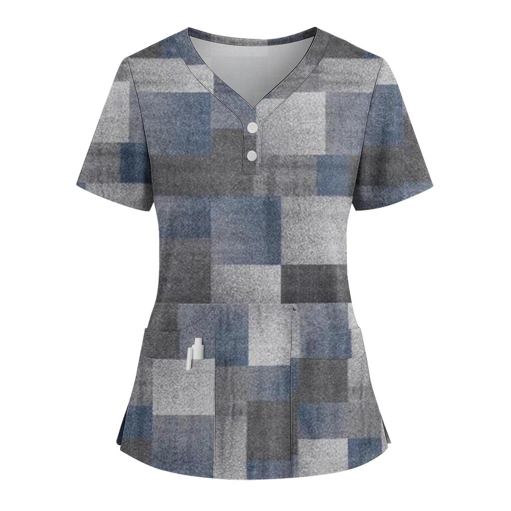 Women's Loose Short Sleeved Fashionable Square Printing V-neck Buttonable Side Slit Top T-shirt