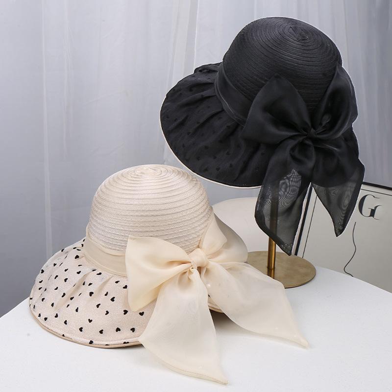 Spring and summer new mesh hat women's temperament elegant travel sun protection sun hat polka dot bow bucket hat