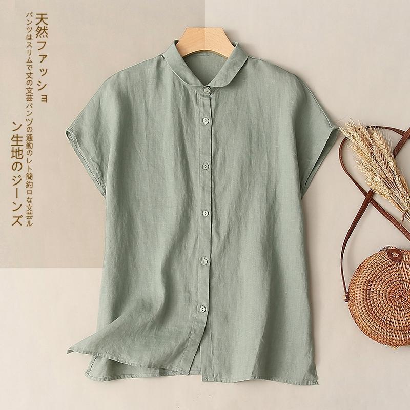 Women Summer Cotton Linen Short Sleeve Shirt Loose Vintage Casual Blouse Breathable Retro Daily Top 2026 New Arrival