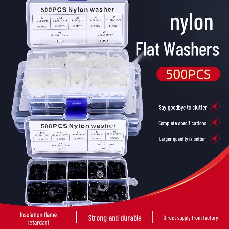 White and Black PA66 Nylon Flat Washer Set - Waterproof, Boxed, Sizes M2-M12