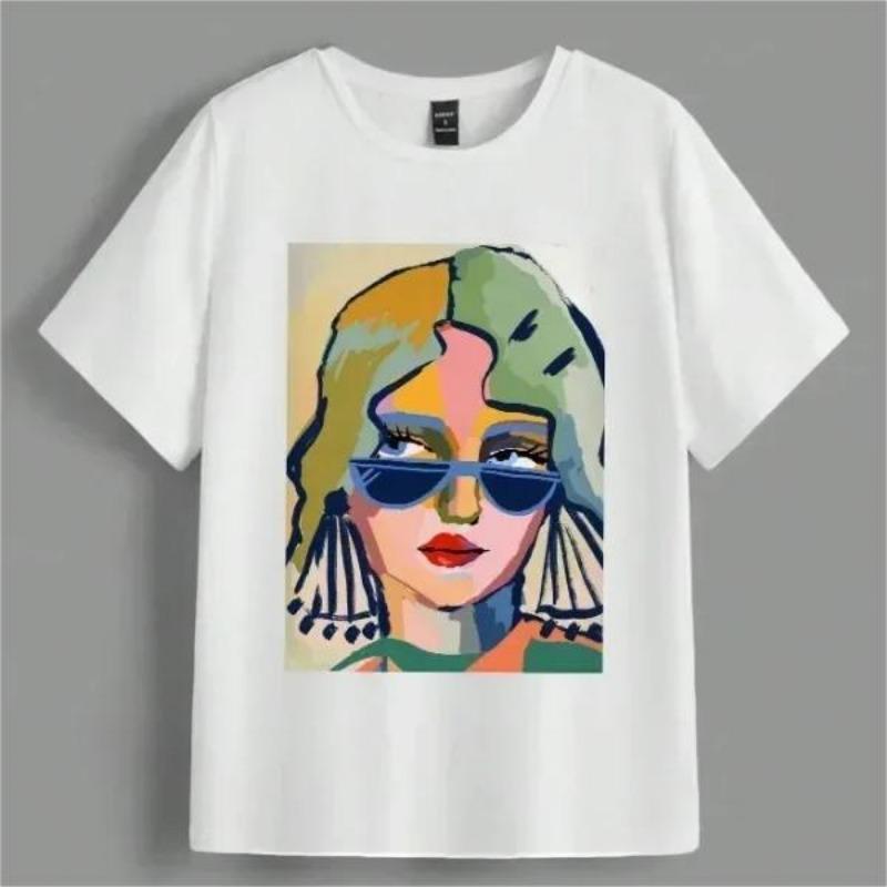 Essence Fashion White Portrait Printed T-shirt Summer Cotton Breathable T-shirt Street Retro Fashion Comfortable T-shirt