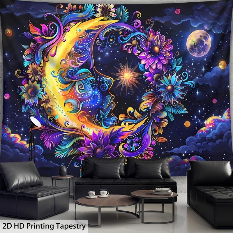 VIKAMA Fantasy Floral Star and Moon Tapestry  Bohemian Style Ideal for Living Rooms Bedrooms and Balconies as Artistic Decor