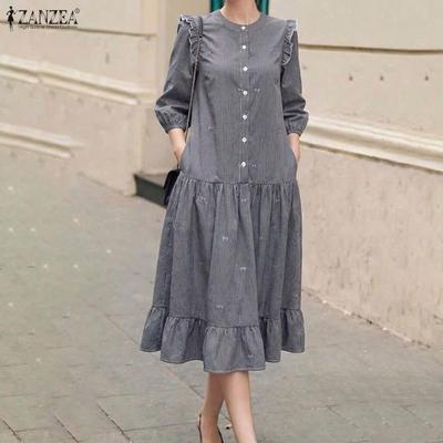 Women Casual Round Neck 3/4 Sleeve Loose Stripe Dress