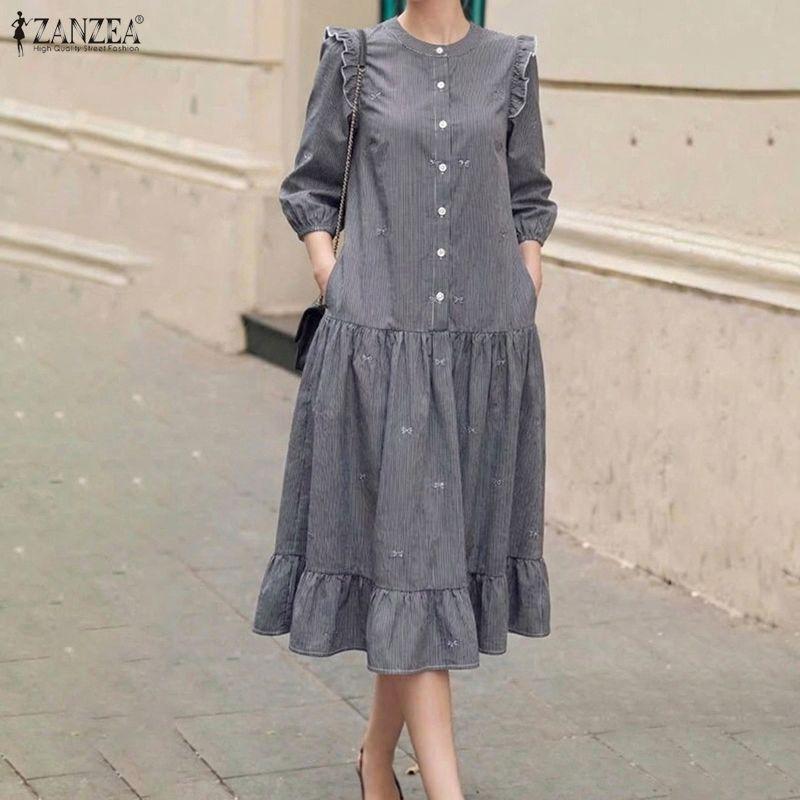 ZANZEA Damen Freizeit Rundhals 3/4 Ärmel Locker Gestreiftes Kleid
