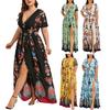 Plus Size Fashion Women Butterfly Printed V-Neck Short Sleeve Casual Long Dress