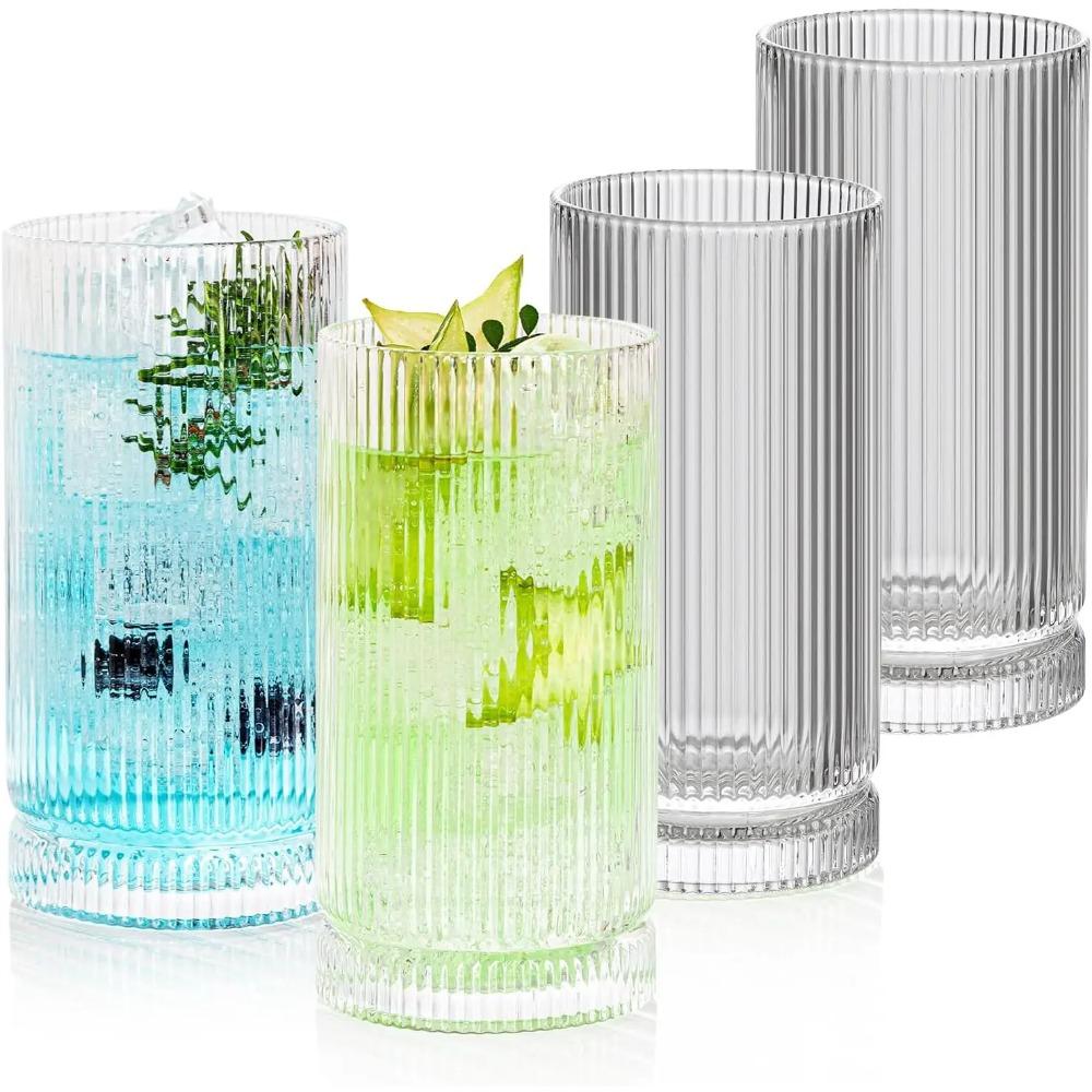 

16oz Ribbed Glassware, Vintage Drinking Glasses Set of 4, Cocktail Glass Cups, Elegant Tom Collins Glasses, Highball