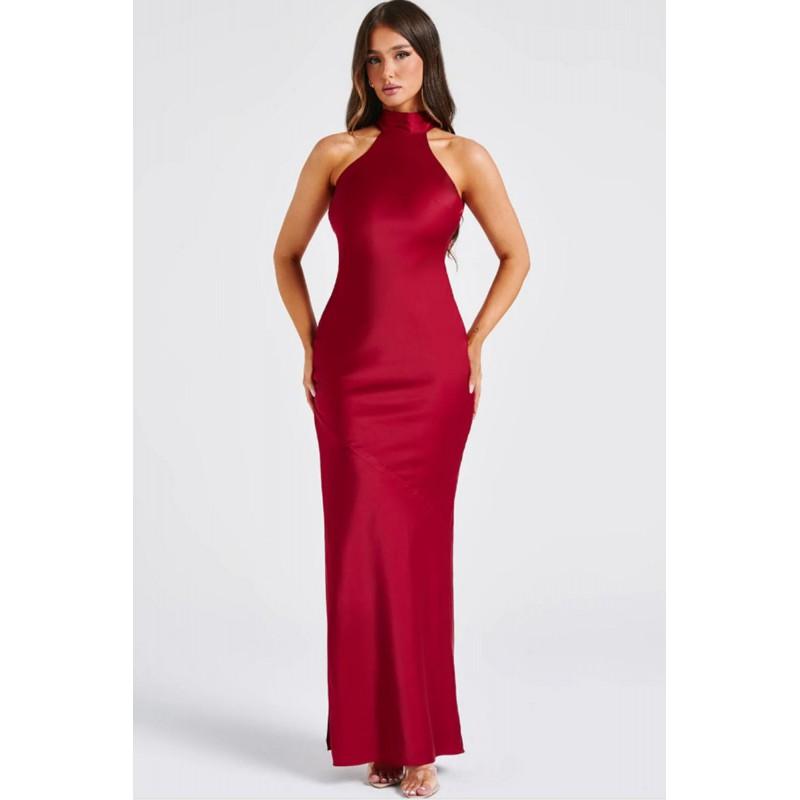 Womens Satin Slip Dress High Neck Sleeveless Bodycon Maxi Split Design Party