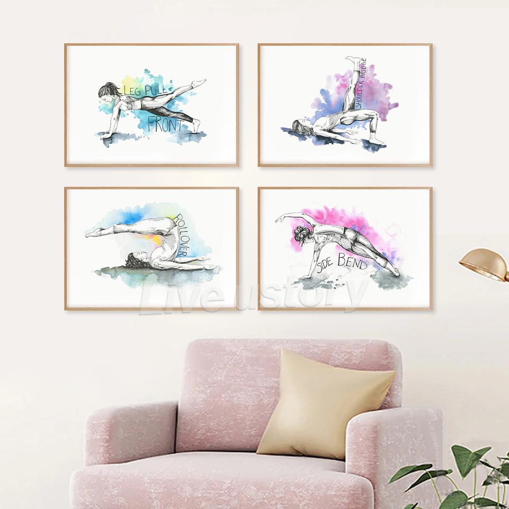 Pilates Yoga Workout Chart Art Prints Watercolor Posters Exercise Woman Canvas Painting Fitness Gym Wall Pictures Decor