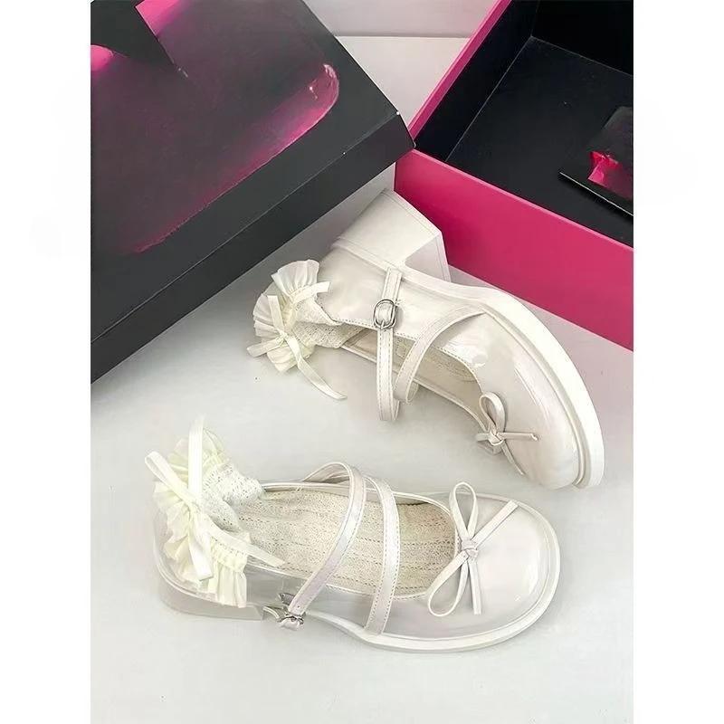 Fashion French Ribbon Bow Mary Jane High Heels Women 2025 Summer New Small Platform Block Heel Small Leather Shoes