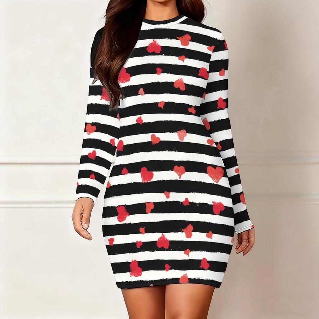 Nova Moda Feminina Outono e Inverno 2025 Vestido Longo de Manga Comprida com Gola Redonda e Estampa e Tingimento com Padrão de Amor 3D Edição Limitada Dia dos Namorados
