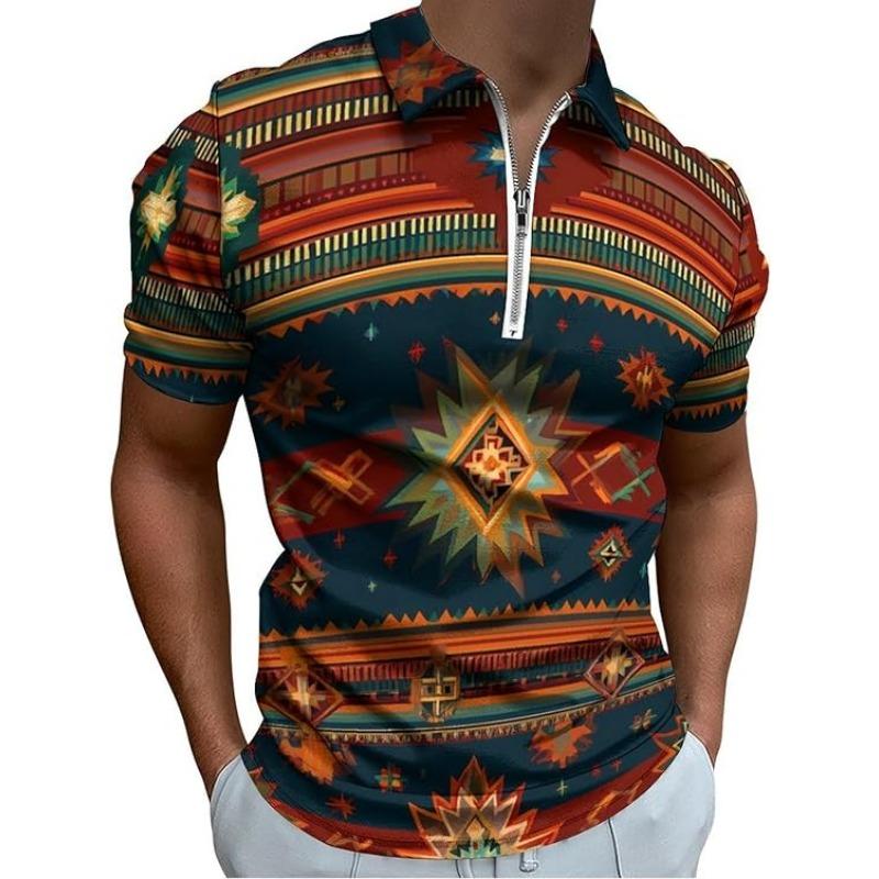Südwestliches Navajo-Muster Herren Reißverschluss Polohemden Lässig Kurzarm Golfkragen Hemd Schlanke Passform T-Shirt Top