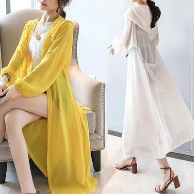 Spring Summer Women Long Chiffon Sunscreen Shirts Hooded Cardigan Beach Sun Protection Clothing Female Shawl Loose Casual Coat