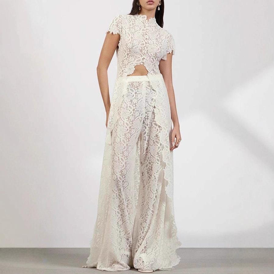 White Lace High Neck Short Sleeve Top and Wide Leg Pants Set