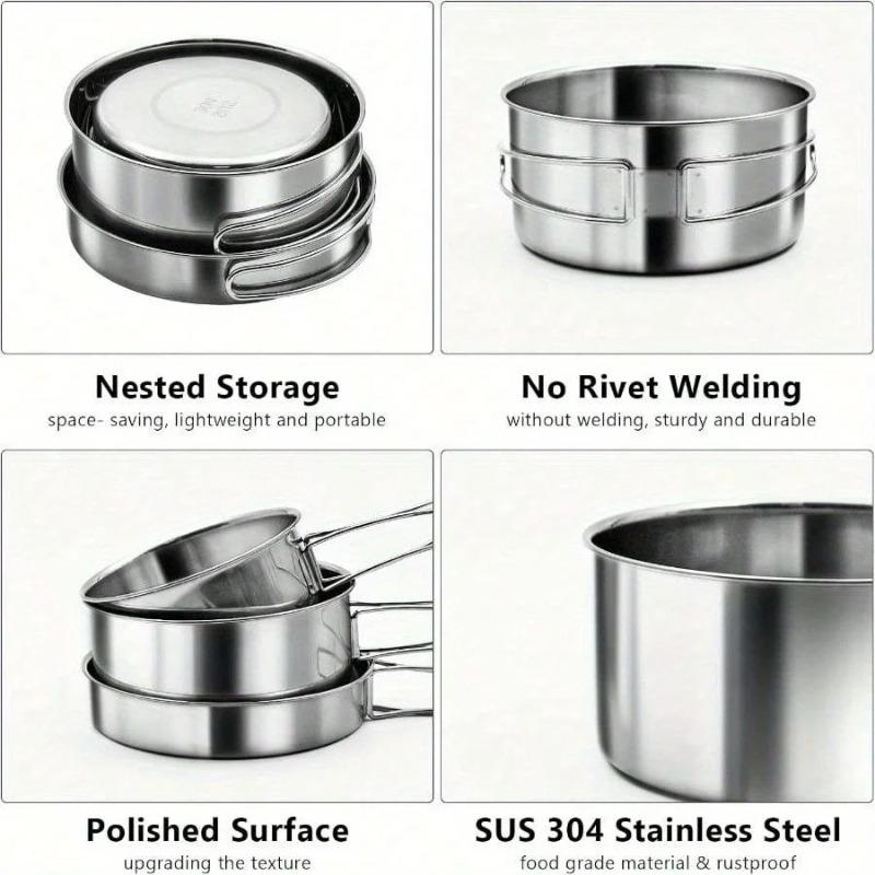 Lightweight 4 Piece Camping Cookware Stainless Steel Pots with Handles for Safe Outdoor Cooking