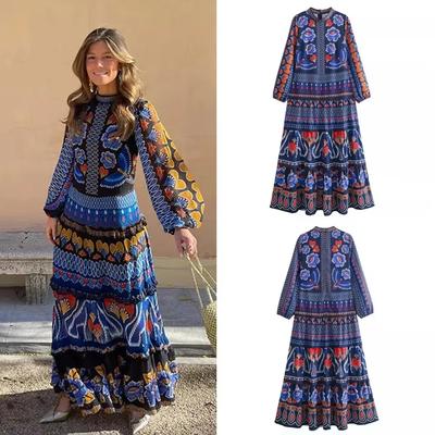 Vintage Print O-Ausschnitt Patchwork Maxikleid Damenmode Laternenärmel Lose Lange Kleider Lady Casual Urlaub Streetwear
