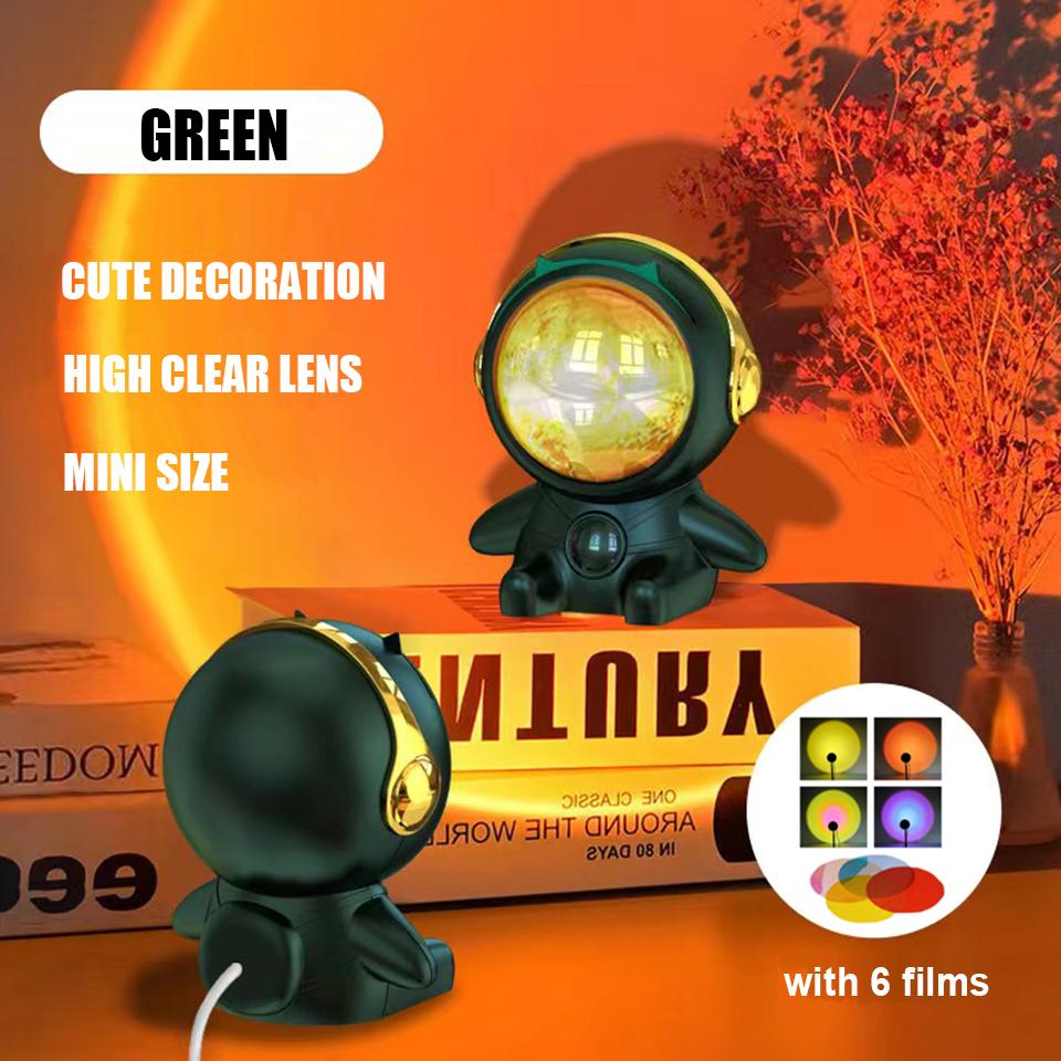 

Космонавт USB Лампа Заходу Сонця Світлодіодний Проектор Нічник з 6 плівками Неонові Кольори Райдужна Атмосфера Домашній Фестивальний Декор Різдвяний Подарунок зелений