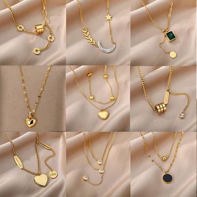 Multilayer Heart Pendant Necklaces For Women Stainless Steel Chain Choker Zircon Moon Star Necklace Femme Wedding Jewelry Gift