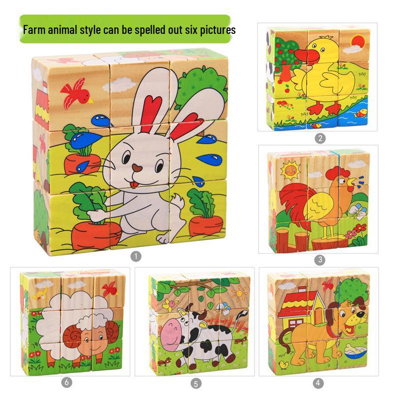 

3D Деревянные Мультяшные Пазлы для Детей - 9 Кубиков, Шестисторонний Пазл