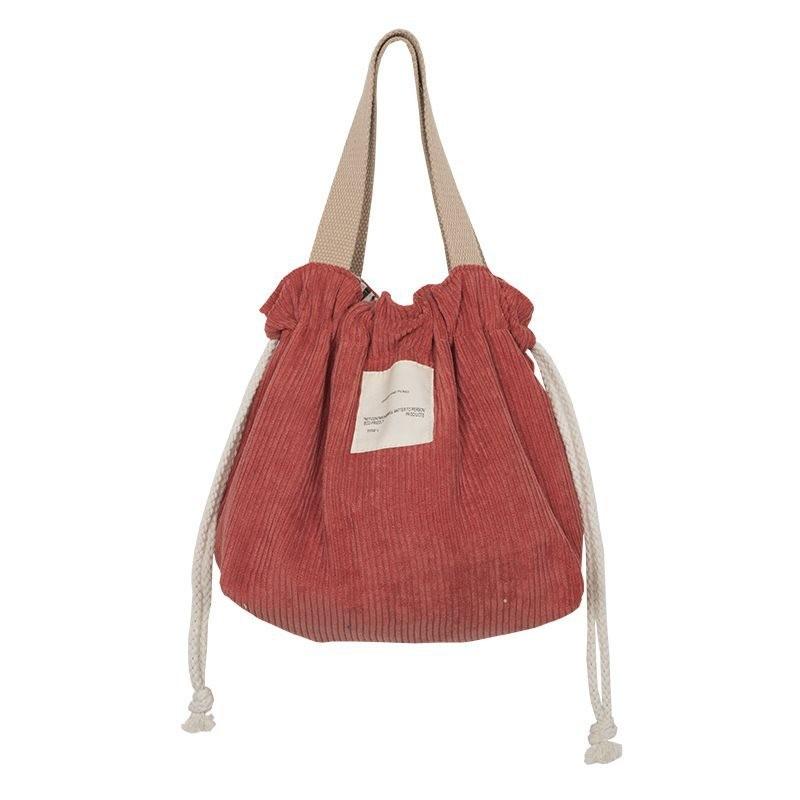 Versatile And Chic Drawstring Corduroy Lunch Tote Bag For Everyday Use In Green